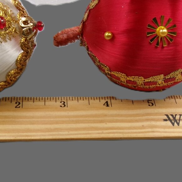 5 Red White Push Pin Christmas Ornaments, Satin Beaded Sequins, Vintage Handmade - Picture 7 of 7